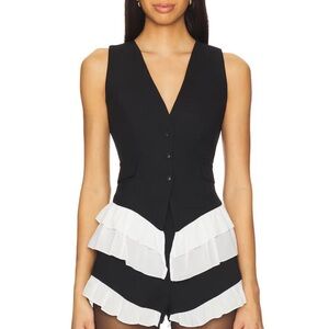 NWT For Love & Lemons Noemie Vest Black Tank Top with White Ruffle Tiers